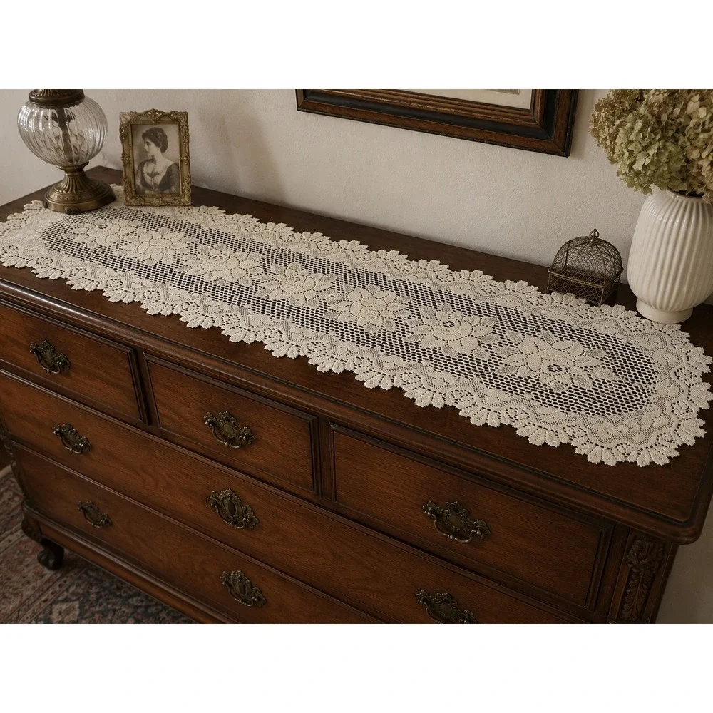 Vintage Cream Lace Table Runner Floral Rose Scalloped Edge 72 Inch Farmhouse